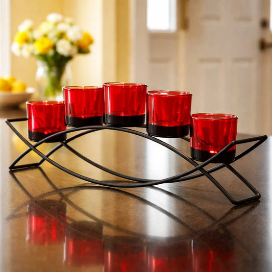 5-Cup Arch Candle Holder Centerpiece, Black with Red Cups