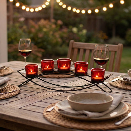 5-Cup Arch Candle Holder Centerpiece, Black with Red Cups