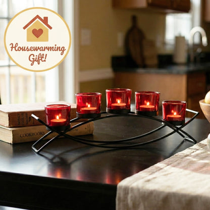 5-Cup Arch Candle Holder Centerpiece, Black with Red Cups