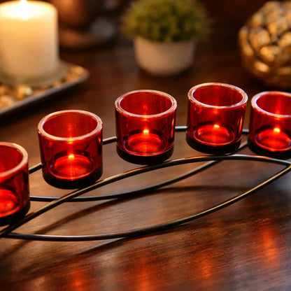 5-Cup Arch Candle Holder Centerpiece, Black with Red Cups