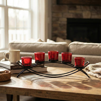 5-Cup Arch Candle Holder Centerpiece, Black with Red Cups
