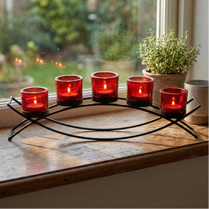 5-Cup Arch Candle Holder Centerpiece, Black with Red Cups