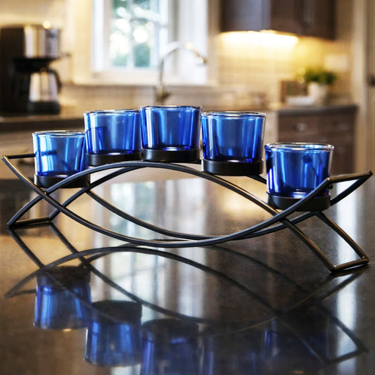 5-Cup Arch Candle Holder Centerpiece, Black with Blue Cups