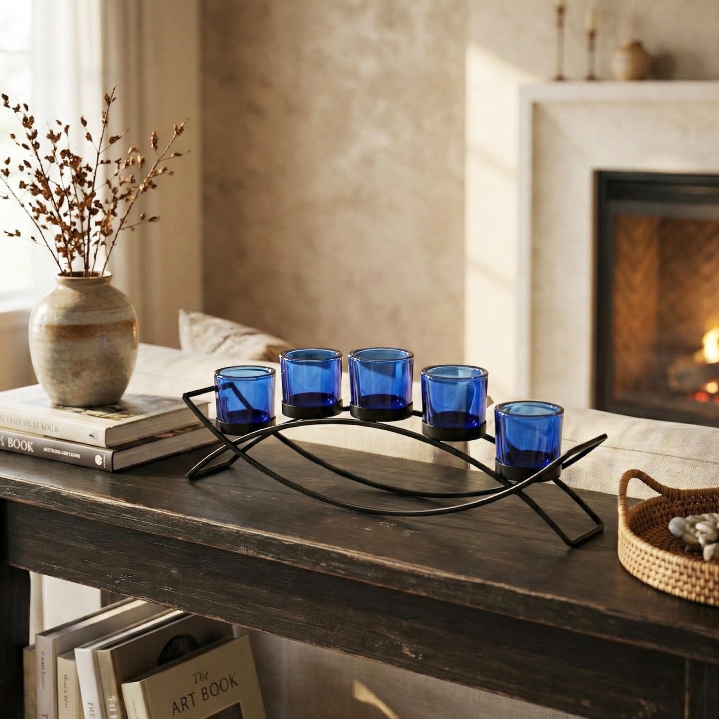5-Cup Arch Candle Holder Centerpiece, Black with Blue Cups
