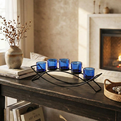 5-Cup Arch Candle Holder Centerpiece, Black with Blue Cups