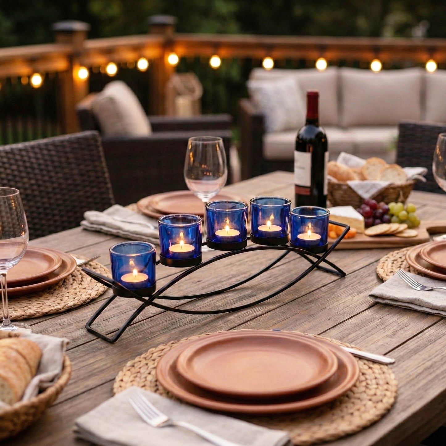 5-Cup Arch Candle Holder Centerpiece, Black with Blue Cups