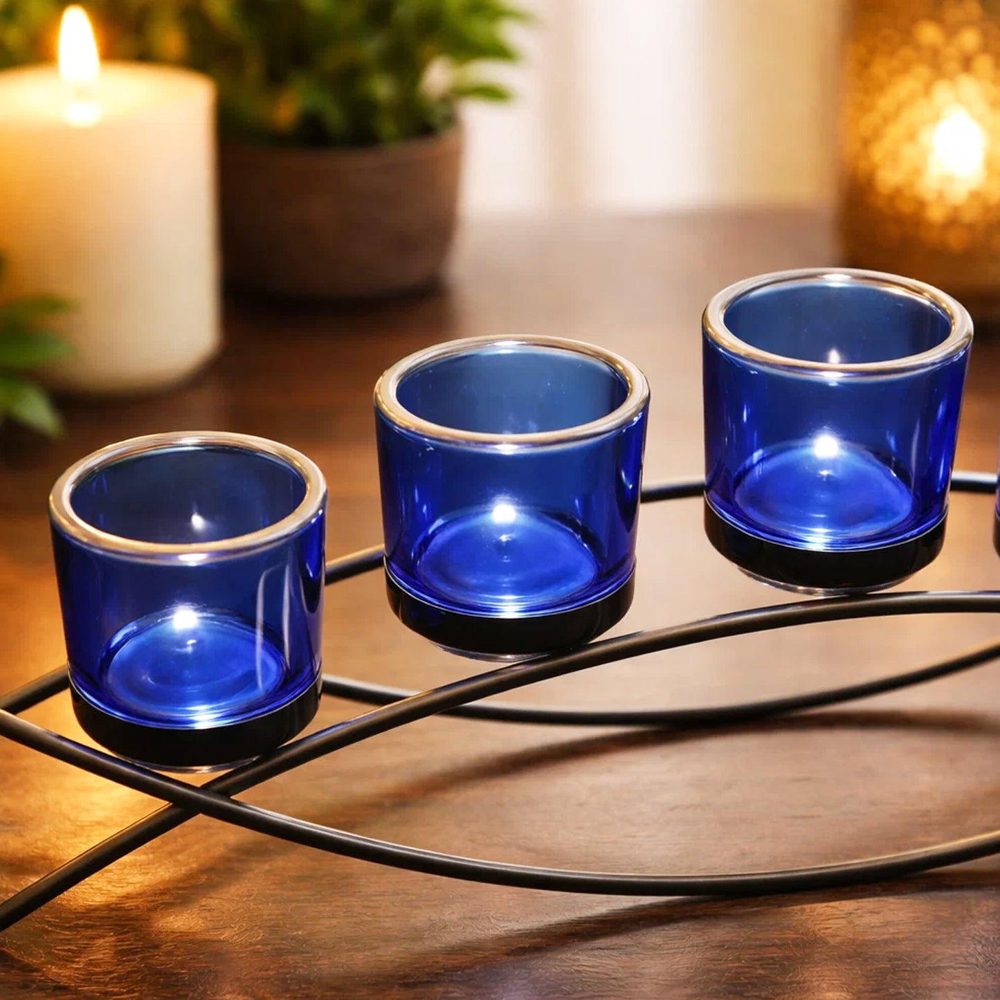 5-Cup Arch Candle Holder Centerpiece, Black with Blue Cups