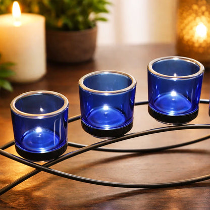 5-Cup Arch Candle Holder Centerpiece, Black with Blue Cups
