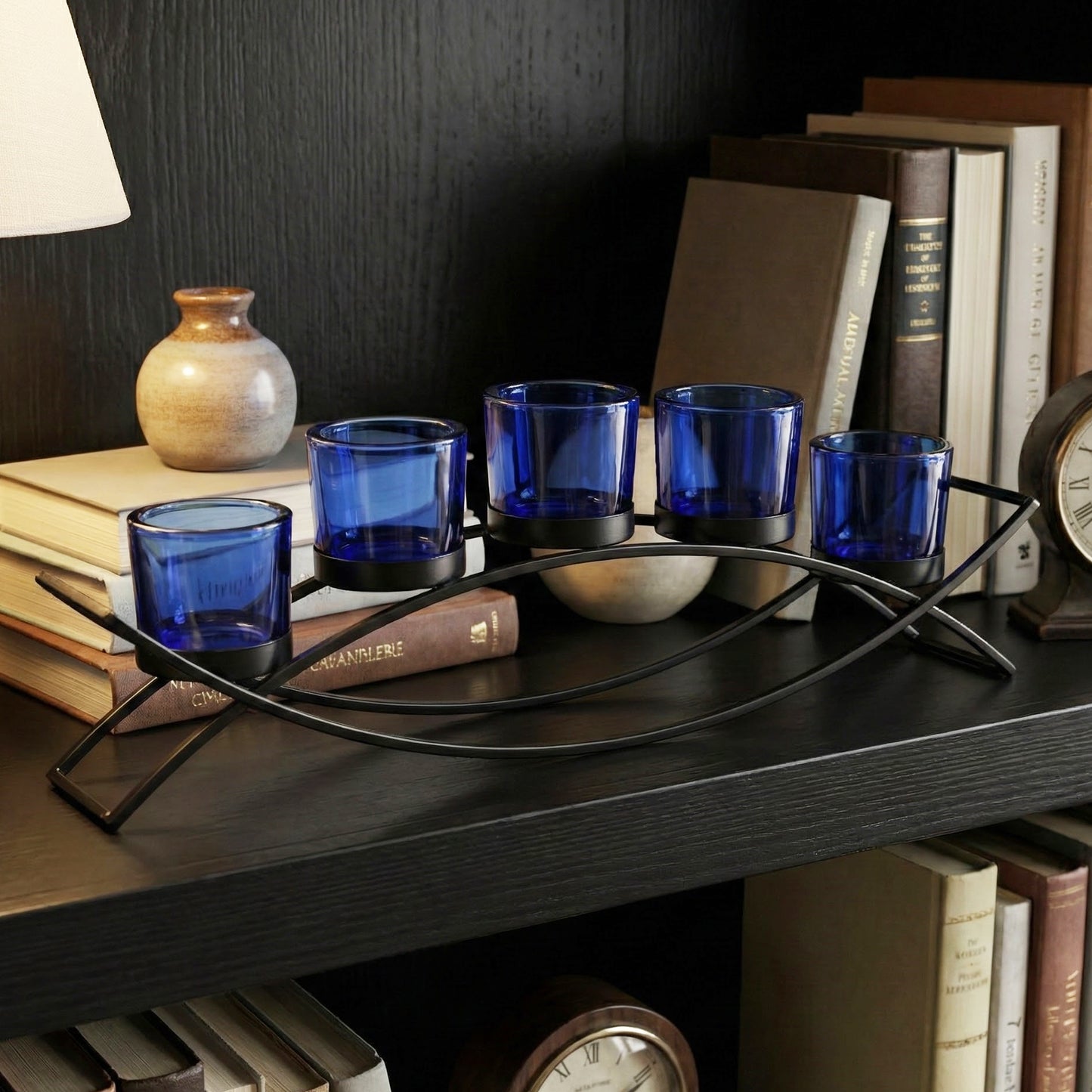 5-Cup Arch Candle Holder Centerpiece, Black with Blue Cups