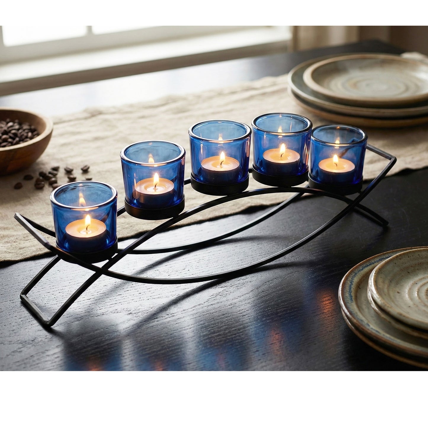 5-Cup Arch Candle Holder Centerpiece, Black with Blue Cups