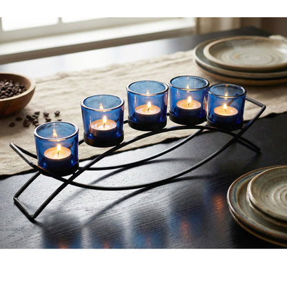 5-Cup Arch Candle Holder Centerpiece, Black with Blue Cups