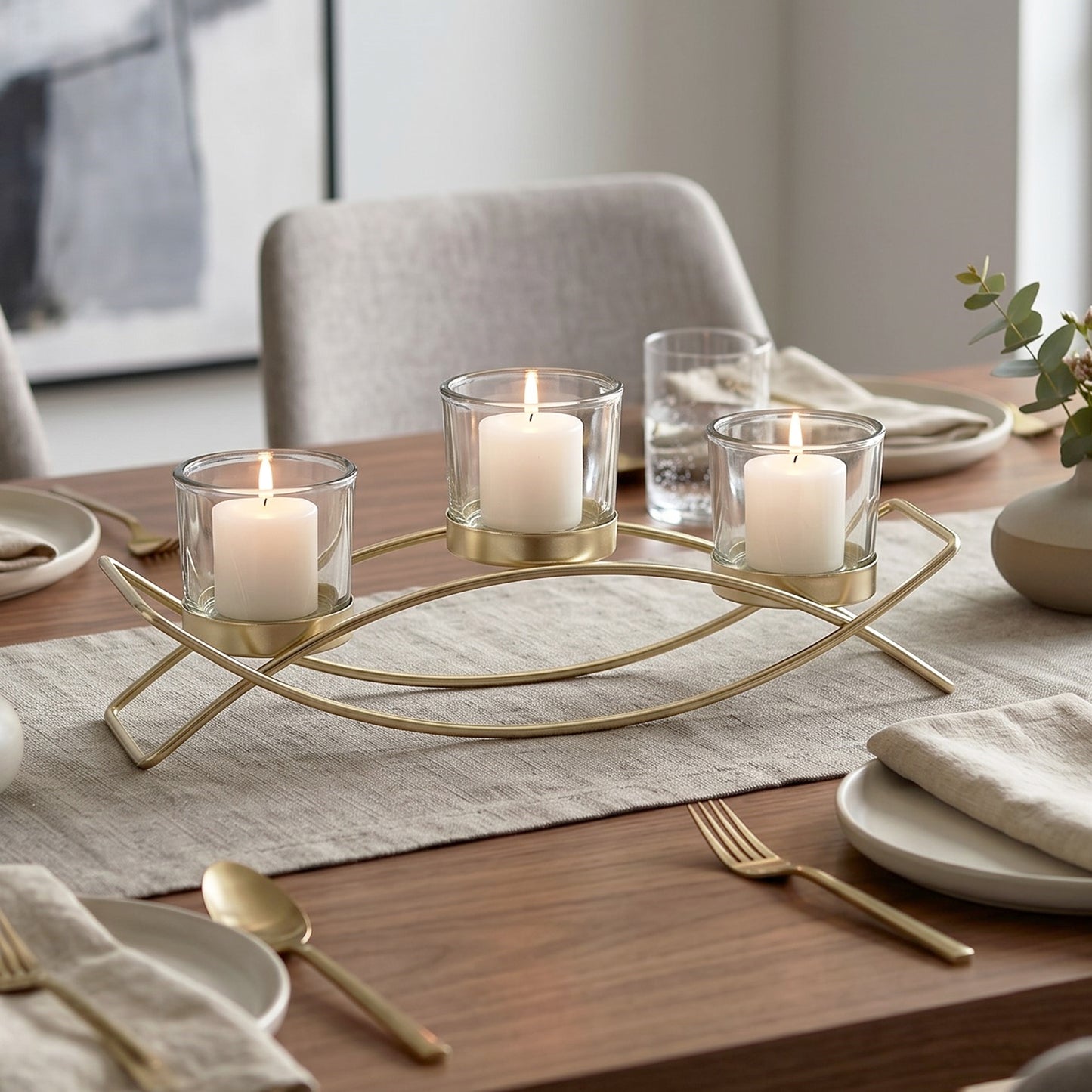 3-Cup Arch Candle Holder Centerpiece, Gold with Clear Cups