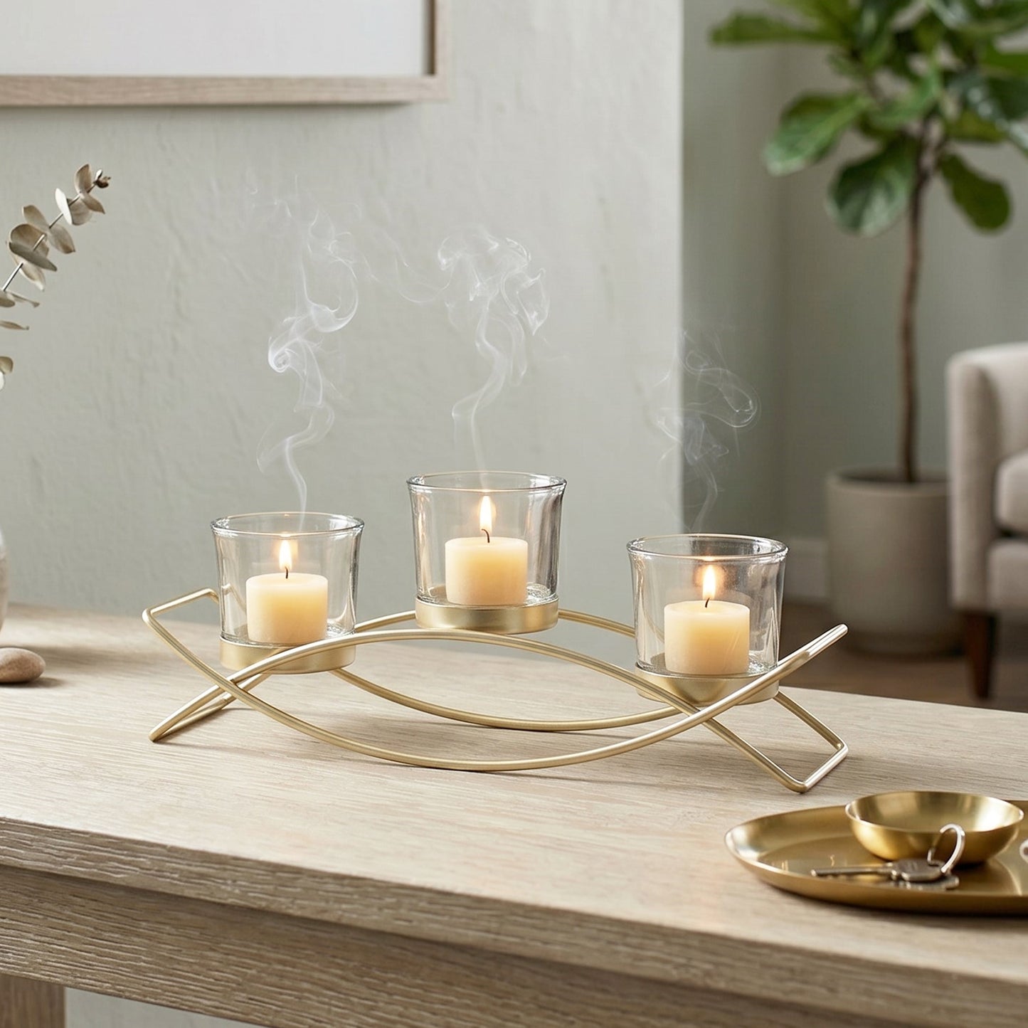 3-Cup Arch Candle Holder Centerpiece, Gold with Clear Cups