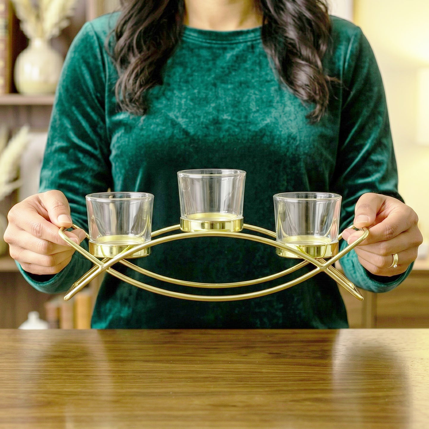 3-Cup Arch Candle Holder Centerpiece, Gold with Clear Cups