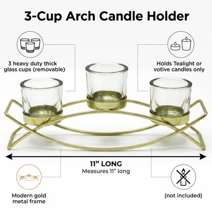 3-Cup Arch Candle Holder Centerpiece, Gold with Clear Cups