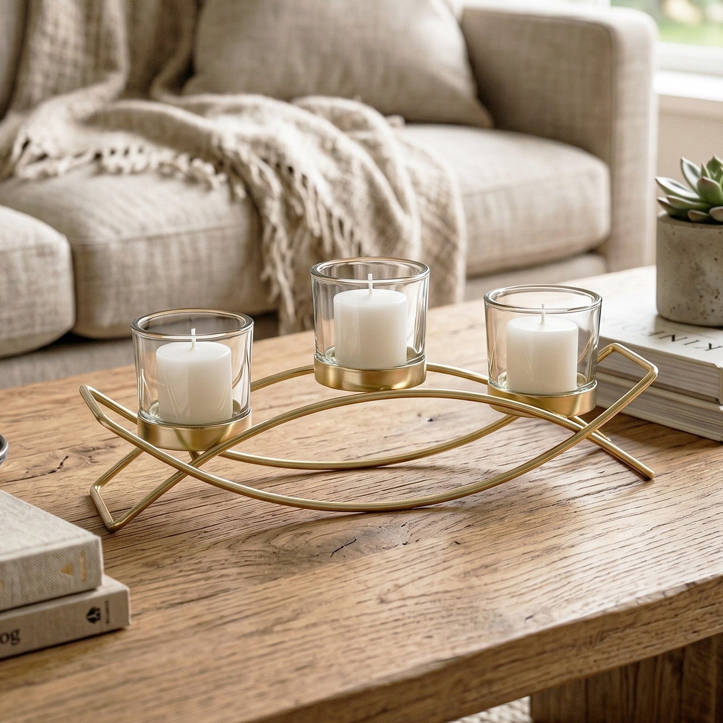 3-Cup Arch Candle Holder Centerpiece, Gold with Clear Cups