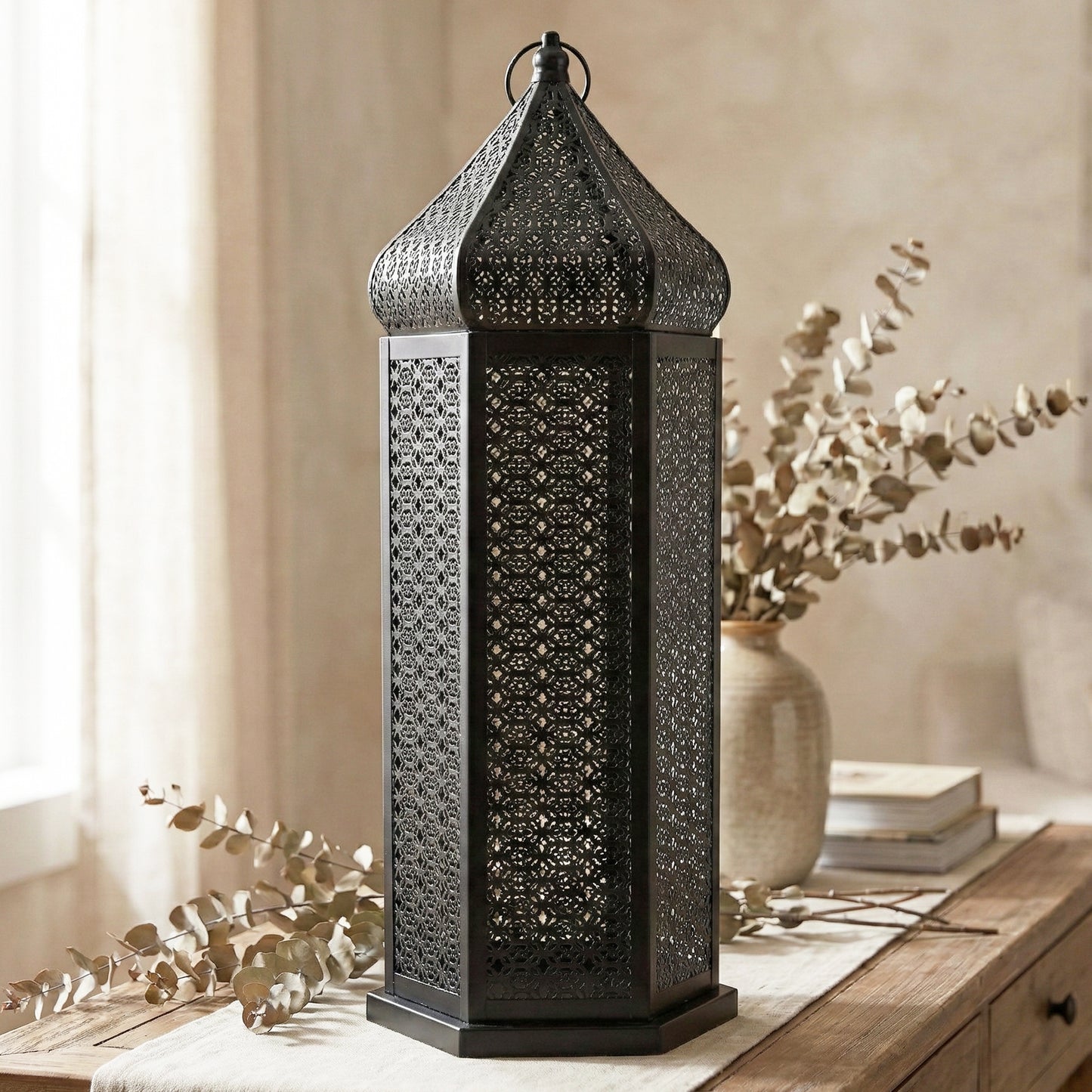 Black Temple Tower Moroccan Floor Candle Lantern, Extra Large
