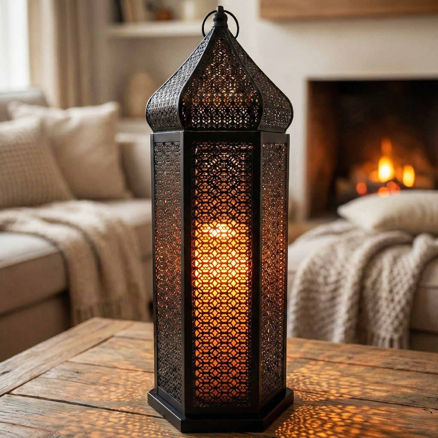 Black Temple Tower Moroccan Floor Candle Lantern, Extra Large