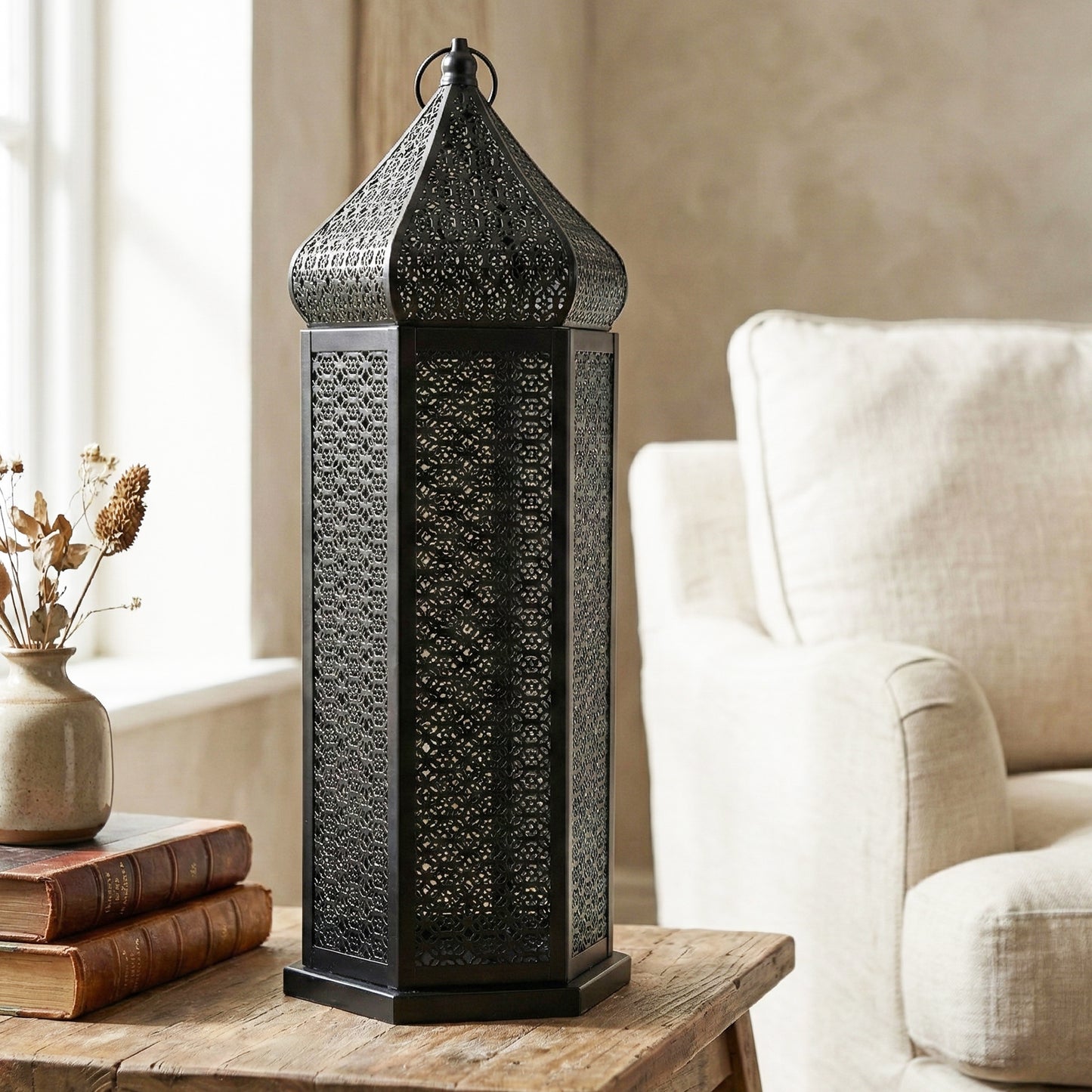 Black Temple Tower Moroccan Floor Candle Lantern, Extra Large