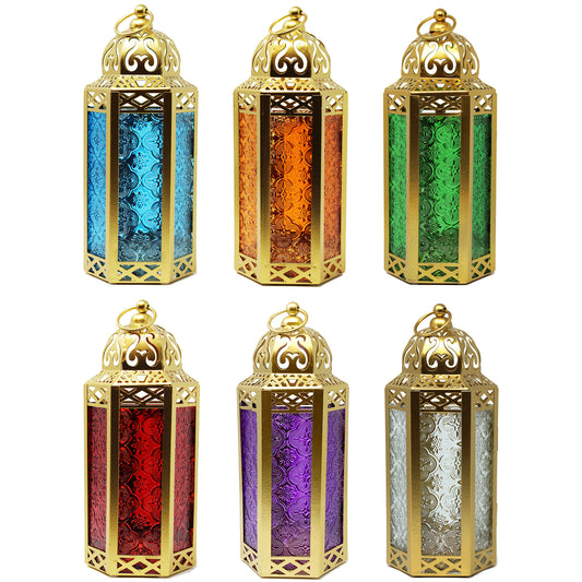 6pc Medium Gold Moroccan Candle Lanterns, Assorted Colors