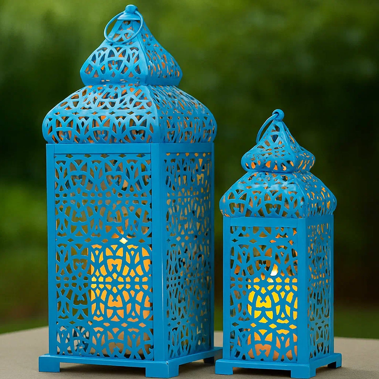 Temple Moroccan Candle Lantern Set of 2, Blue