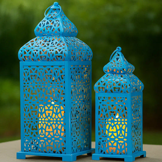 Temple Moroccan Candle Lantern Set of 2, Blue