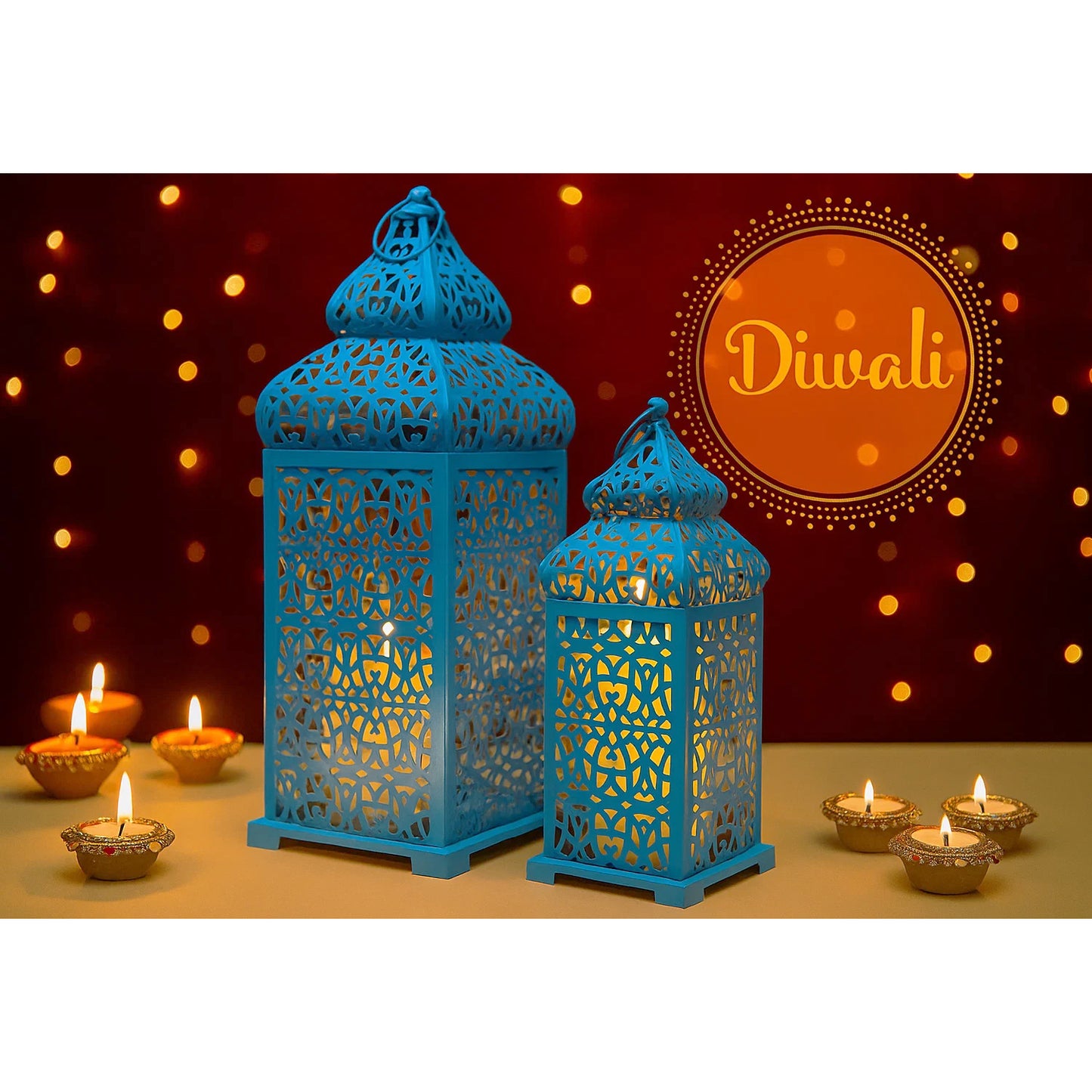 Temple Moroccan Candle Lantern Set of 2, Blue