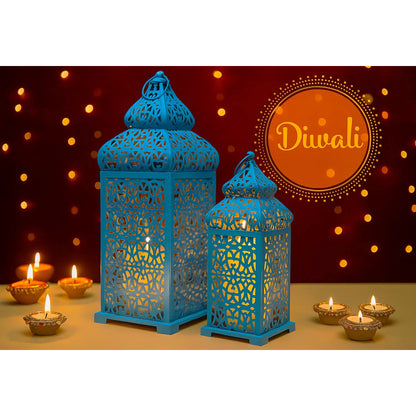 Temple Moroccan Candle Lantern Set of 2, Blue