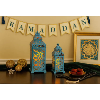Temple Moroccan Candle Lantern Set of 2, Blue